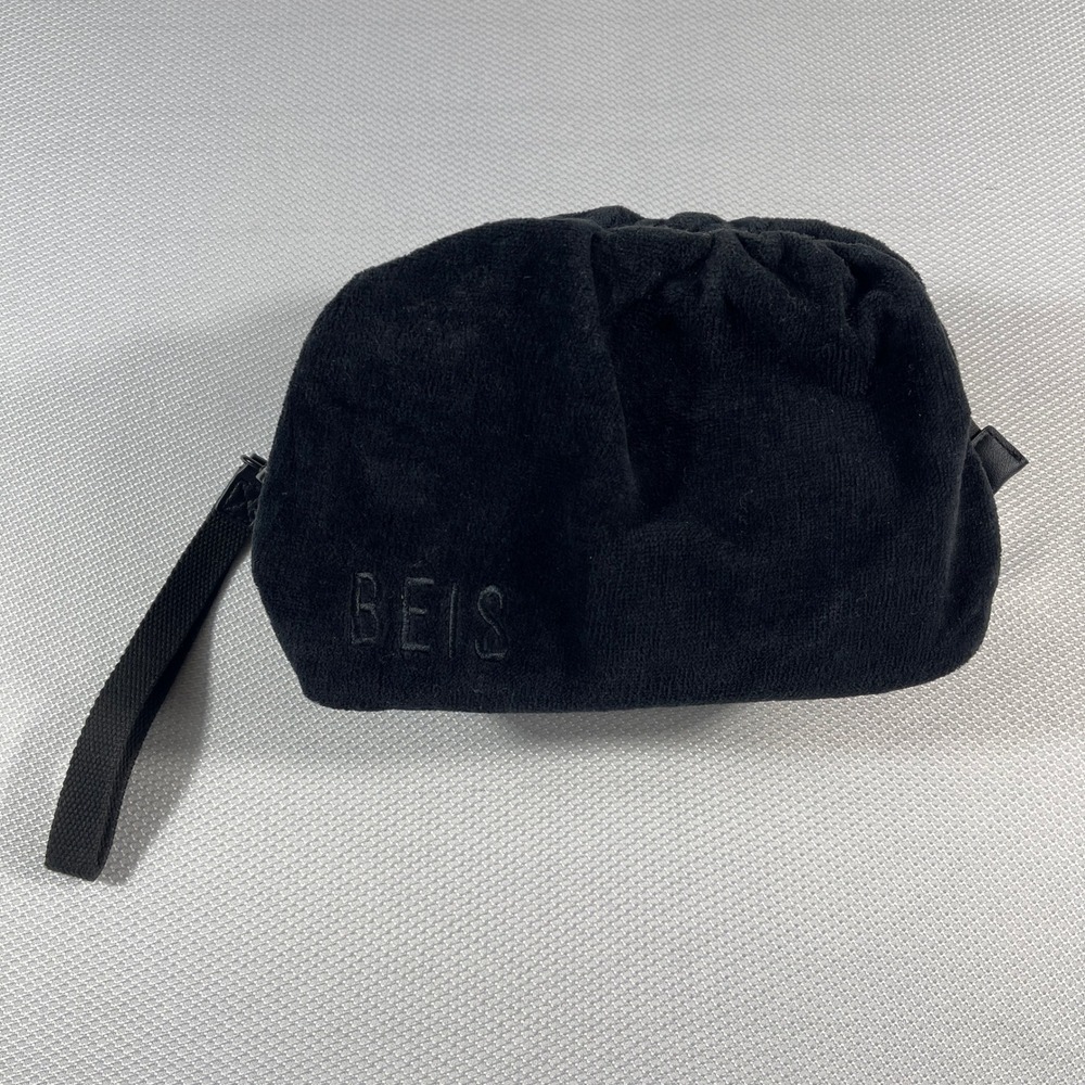 BEIS Black Terry Cloth Cosmetic Bag Travel Pouch with Wristlet Strap 2022